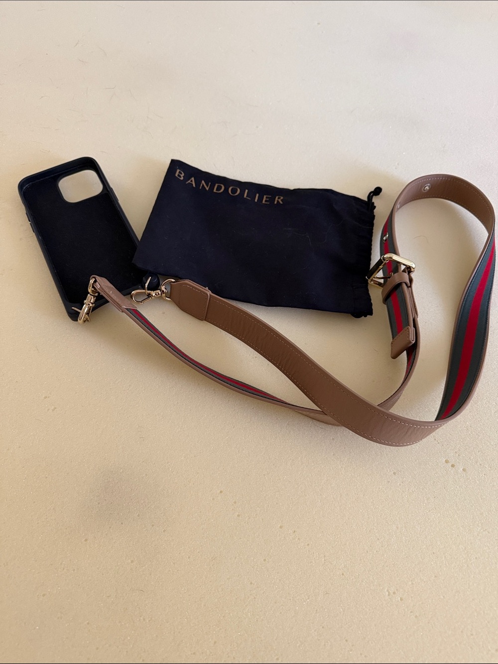 Bandolier Brown Leather Crossbody Strap with Red and Green Stripe Webbing